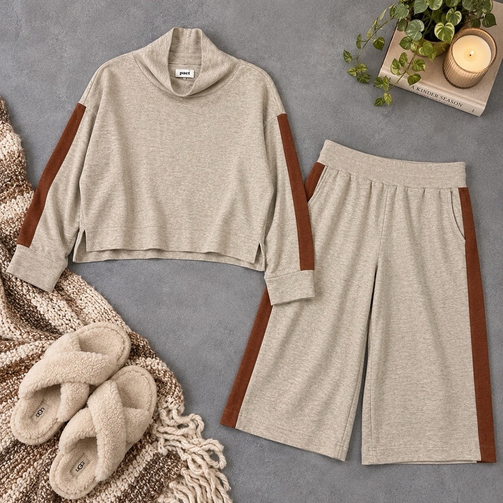 Pact Organic Cotton 2 Piece Lounge Set Womens L Oatmeal Beige Cowl Neck Wide Leg - Picture 2 of 9